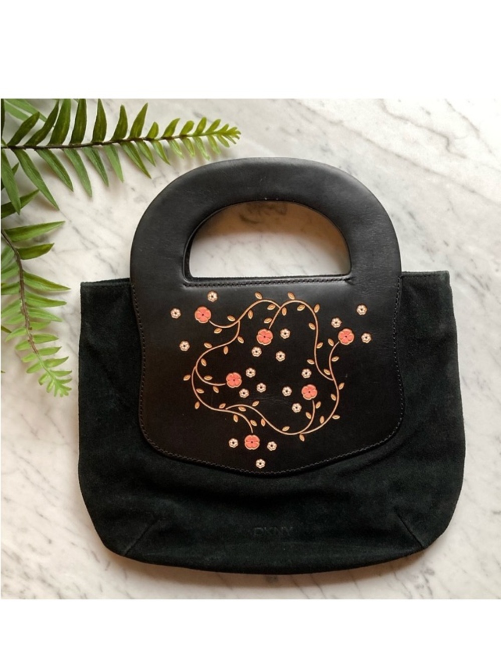 Vintage DKNY Black Suede Handbag Purse Embossed Floral Handles Boho Street Chic